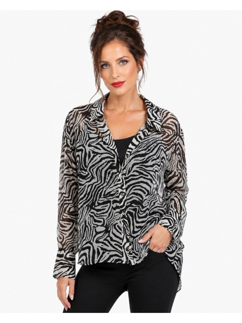 Forever 21 Zebra Print Sheer Button Front Blouse Womens Large Long Sleeve